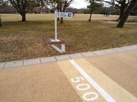 さて公園周回路の距離標識が完成しました。路面の表示や脇のローマ数字と違って、かなり手前から見えるのはありがたいかな。 ちなみに標識の裏側は真っ白です。これも陸上のトラックと同様に反時計回りが原則ですよという意思表示でしょうね。路面の表示も、以前は両方向あったのですが今はご覧の通りです。