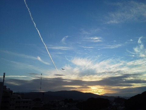 今朝は曇り空だったので,昨夕の我が家からの写真です.夕焼けの空に飛行機雲がきれいでした.それと,ジェット機の小さいシルエット,分かりますか?