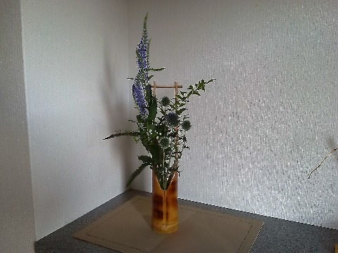 玄関は,引き続き熊本のJAで買ってきた和の花です.あんまり自信はないですがトラノオとアザミかな?