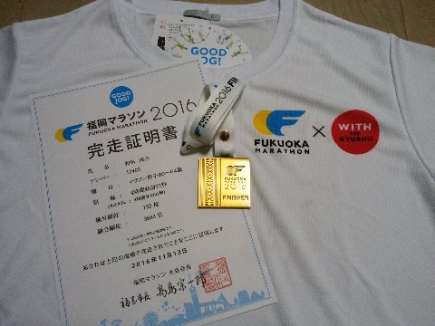 さて、それでもちゃんと完走メダルはもらいましたよ。金(色)メダルが燦然と輝いているでしょう? Tシャツは、体操服みたいとのコメントもあったシンプルな前面ですが、背面にはカラフルなイラストが入っています。