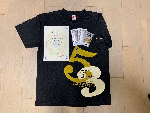 この参加賞のTシャツはなかなかモダンなデザインと色使いでしょう？　おおきな数字の５３は天草五橋の53周年で、背中にも同様に４７がありこちらはこの大会の第47回です。つまり毎年同じデザインで数字が一つずつ進んでいるようです。ただ地の色は毎年違って赤や白も見かけました。今年が黒で良かった･･･