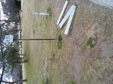 さてこの写真、手前の地面に四角と×印を組み合わせた謎のマーク！？があるのがわかりますか？　先週、作業着姿のグループが16カ所ある距離表示のところにスプレーで書いているのを目撃しました。　私の推察ですが、たぶん向こうに見える看板型の表示をこの×印に立てるのだと思います。この看板はもう半分以上なくなっていて、残りも周回路の外側にあったり内側だったりしているので、全部内側に再整備するんじゃないかな。　当たるかな？