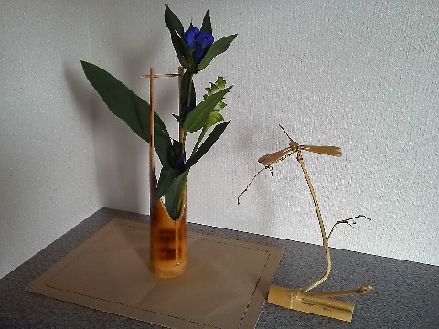 さて今日の玄関です．日曜日にフリマに出店したのですが，そこで全く偶然にお隣の区画で竹細工を出されていたのが，共通の知人を介しての知り合いでした．ということで，花入れとトンボの細工をいただいてきて，早速リンドウを活けてみました．トンボは，ヤジロベエのようにくちばしの１点でとまっているんですよ．