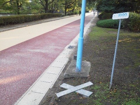 春日公園の1000m地点，シンプルにバッテンです．土曜日だからでしょうか，本格ランナーさんが多いようで，いつも以上にどんどん追い越されました．