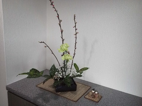 もうすぐ３月，桃の節句です．玄関のお花に桃が加わり，ちっちゃなお雛様も登場しました．ちゃんとした雛人形もあるのですが，近頃は娘も家に寄りつかないので，たぶん出さずじまいになりそうです．