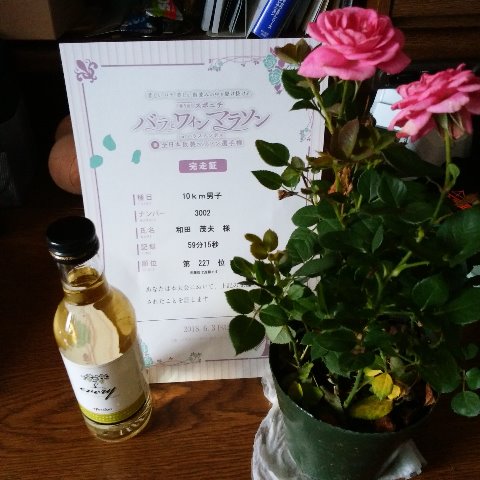 大会名の通り、参加賞で鉢植えのバラとミニボトルのワインがもらえます。ま、一口で飲んでしまいそうですけどね。