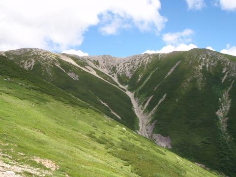 南側から見た薬師岳はこんなに穏やかな山様。
北面と南面でこうも印象の違う山も珍しい。