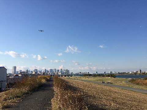 5km過ぎ、梅田方面を望む淀川河川敷。 西風強く向かい風に悩む。