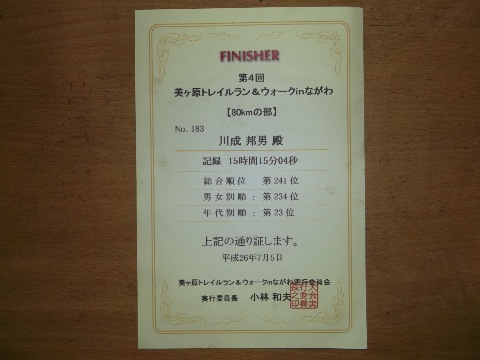 はがきサイズの小さい完走証　今年は条件が厳しく、完走率は昨年より低かったという話
