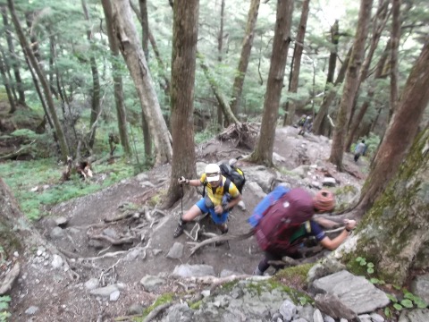 広河原から白根御池まで標高差700mを1時間50分ほどで登り切る。重荷がきつい