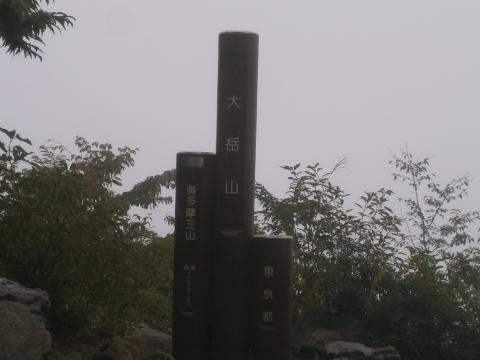 展望のよい大岳山　誰もいない　視界ゼロ　雨足が強くなってきた　寒いここからはほとんど下り基調　でもあと１8キロもある。左ひざに痛みが出始める。右足の薬指にマメらしきものが。痛い