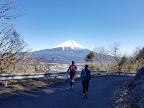 快晴の富士を正面に 標高1200m付近の林道を下る