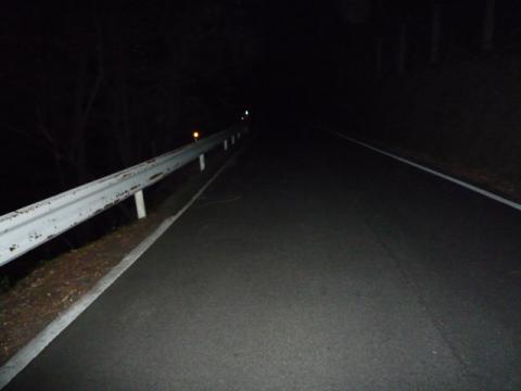 山道のコース照明は全くない。 小型デジカメのフラッシュごときではるか遠方まで光が届いてる事実が漆黒の暗さを物語っている。